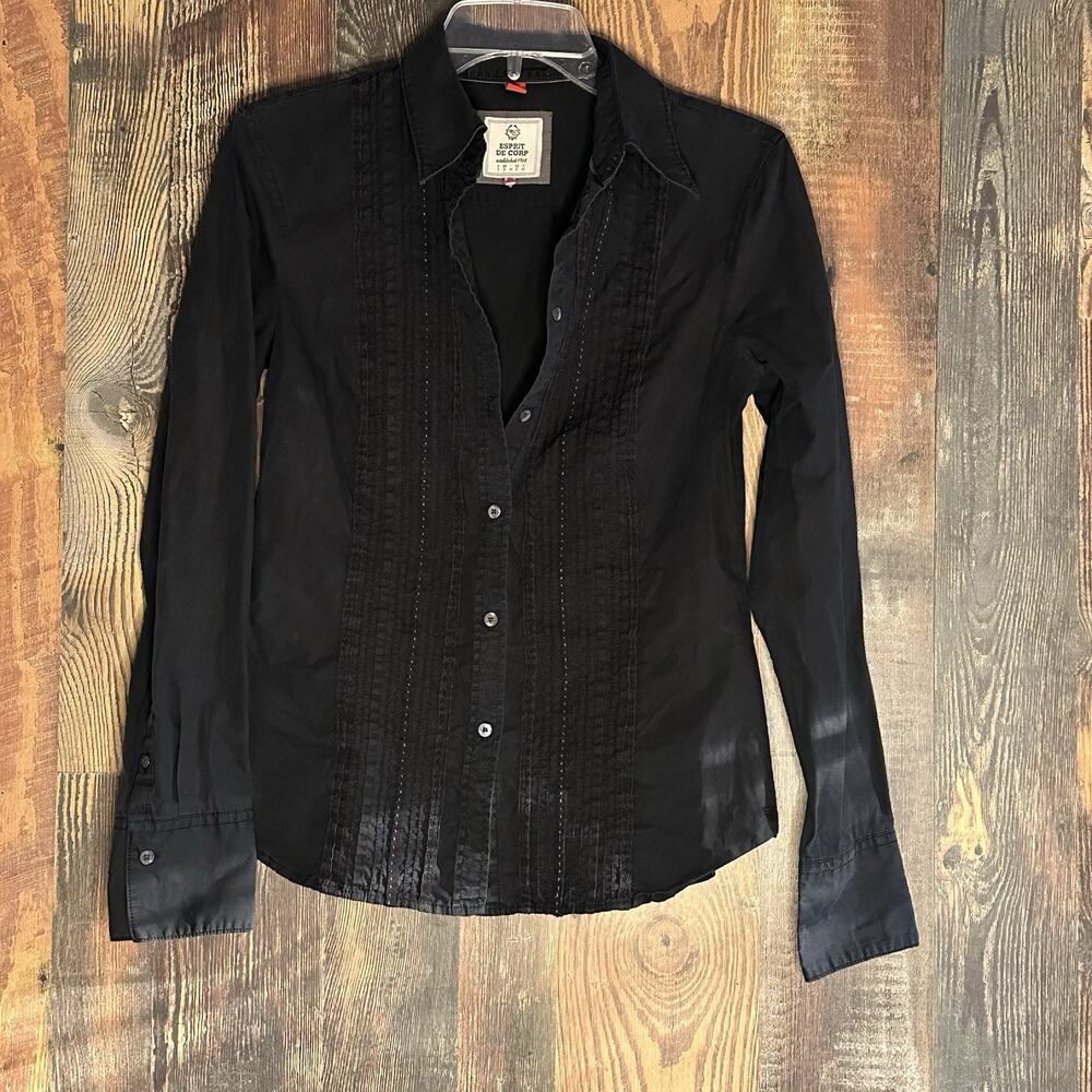 Esprit De Corp Size S Black Buttoned Shirt Blouse Cotton 100% Long Sleeve Pocke
